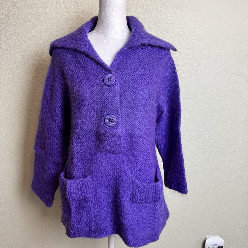 Vtg 60s Gino Paoli Italian‎ Mohair Wool Shag Pullover Sweater Jacket Purple 8